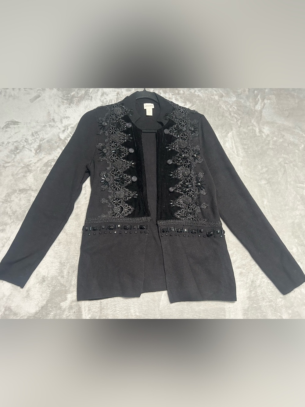 Chicos Open Front Cardigan Sweater Women’s Medium 1 Black Embroidered